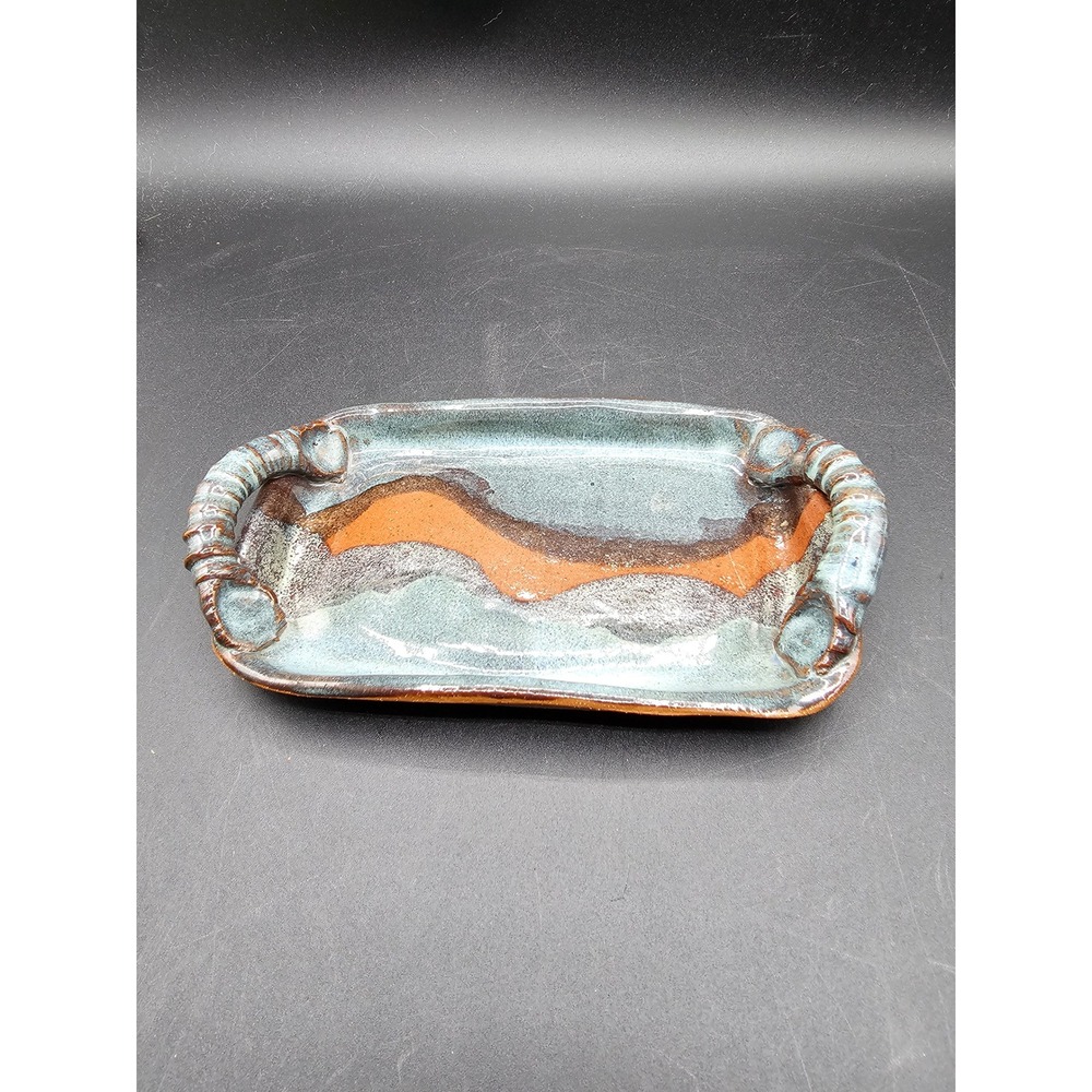 Signed Studio Pottery Handcrafted Stoneware Tray Blue Terracotta Glaze 10in